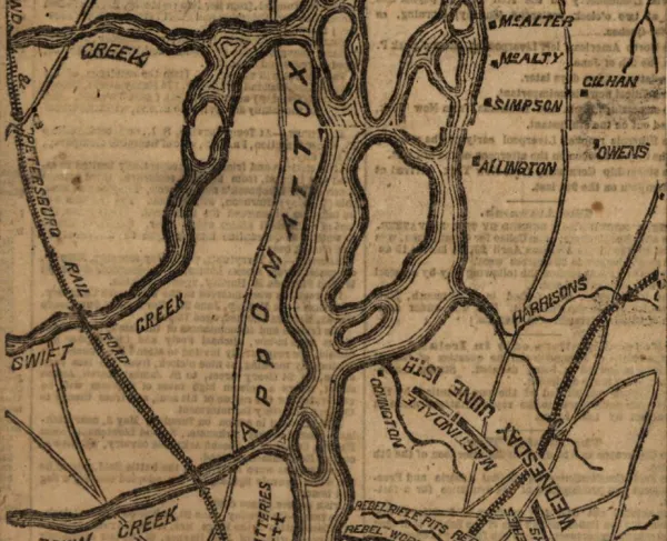 Newspaper map illustrating Union advances and Confederate defensive lines during the opening assaults on Petersburg, Virginia, in June 1864.
