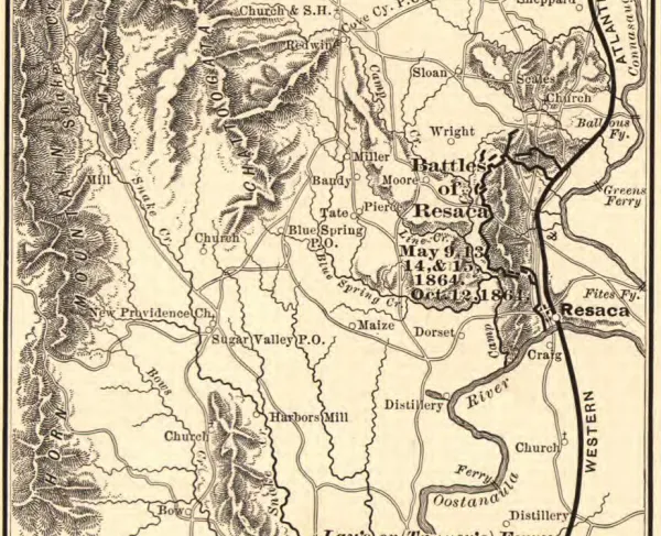 Civil War map depicting Resaca, Georgia, and the surrounding region, including entrenchments, railroads, roads, waterways, and terrain features.