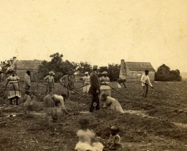 Plantation superintendent standing amidst enslaved persons on St. Helena Island, South Carolina