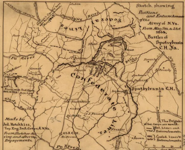Manuscript battlefield map depicting Confederate defensive positions and entrenchments during the Battle of Spotsylvania Court House in Virginia.