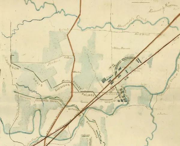 Hand-colored battlefield map depicting Union and Confederate troop positions at the Battle of Stones River near Murfreesboro, Tennessee.