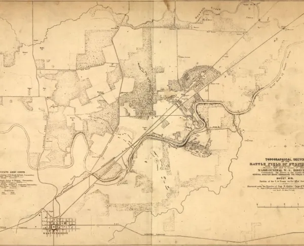 Hand-colored battlefield map depicting Union and Confederate troop positions during the Battle of Stones River in Tennessee.