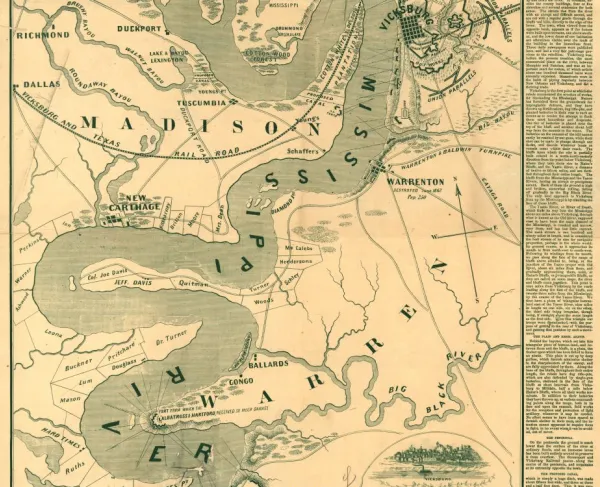 Civil War-era map of Vicksburg and the surrounding region depicting Confederate fortifications, batteries, rifle pits, plantations, and the area of General Ulysses S. Grant's operations during the Vicksburg Campaign.