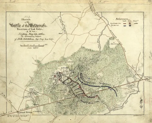 Hand-drawn manuscript map by Confederate cartographer Jedediah Hotchkiss depicting the positions and movements of the Second Corps of the Army of Northern Virginia during the Battle of the Wilderness on May 6, 1864.