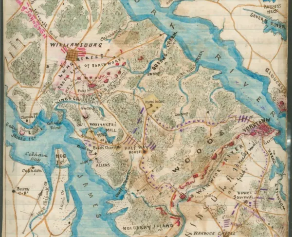 Hand-drawn map of the Virginia Peninsula depicting Union troop movements, wagon trains, and