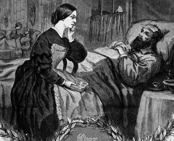 Thomas Nast illustration honoring women volunteers of the United States Sanitary Commission caring for Union soldiers during the Civil War.