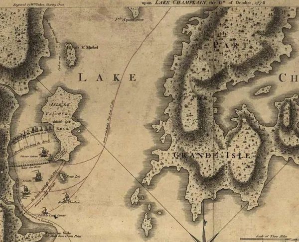 1776 map showing the positions and movements of British and American vessels during the Battle of Valcour Island on Lake Champlain.