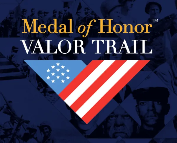 The Medal of Honor Valor Trail logo sits on top of a collage of Medal of Honor reciepients