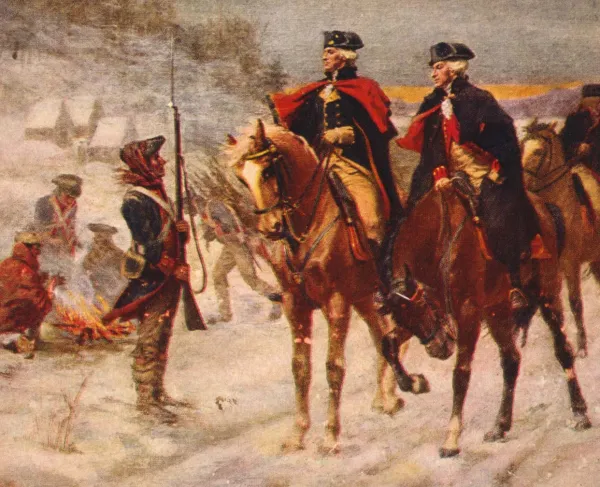 George Washington and the Marquis de Lafayette ride on horseback through the snow-covered winter encampment at Valley Forge as Continental soldiers gather around campfires in the background.