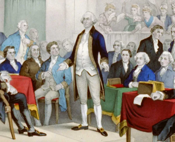 George Washington stands before members of the Continental Congress as he is appointed Commander in Chief of the Continental Army, while spectators, including women waving handkerchiefs, observe the historic ceremony.