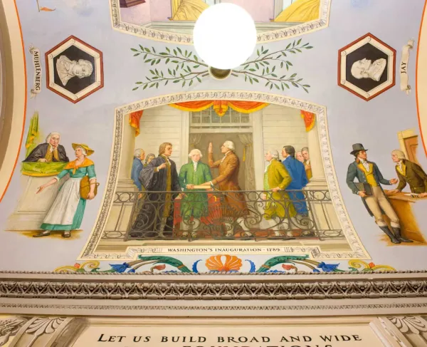 Mural by Allyn Cox depicting George Washington raising his hand as Robert R. Livingston administers the presidential oath of office at Federal Hall in New York City in 1789.
