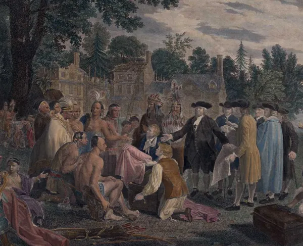 Engraving depicting William Penn meeting with Lenape people beneath a large tree as European settlers, Native people, and trade goods surround the gathering.