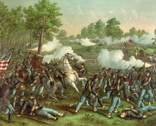 Colorful historical lithograph depicting the Battle of Wilson's Creek on August 10, 1861. Union and Confederate infantry clash across an open battlefield amid smoke, artillery fire, and mounted officers directing troops, with General Nathaniel Lyon prominently leading the Union attack.