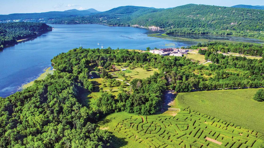 An aerial view of Fort Ticonderoga and Lake Champlain