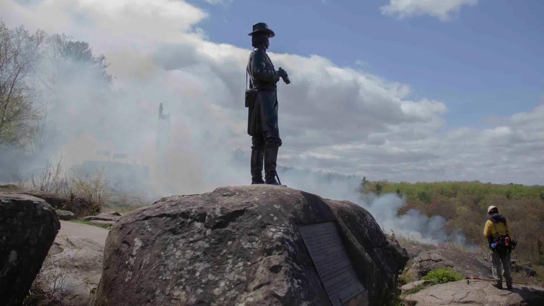 A successful prescribed fire was conducted on the west slope of Little Round Top on April 17, 2021. Here, you see General Warren’s view of the burn.
