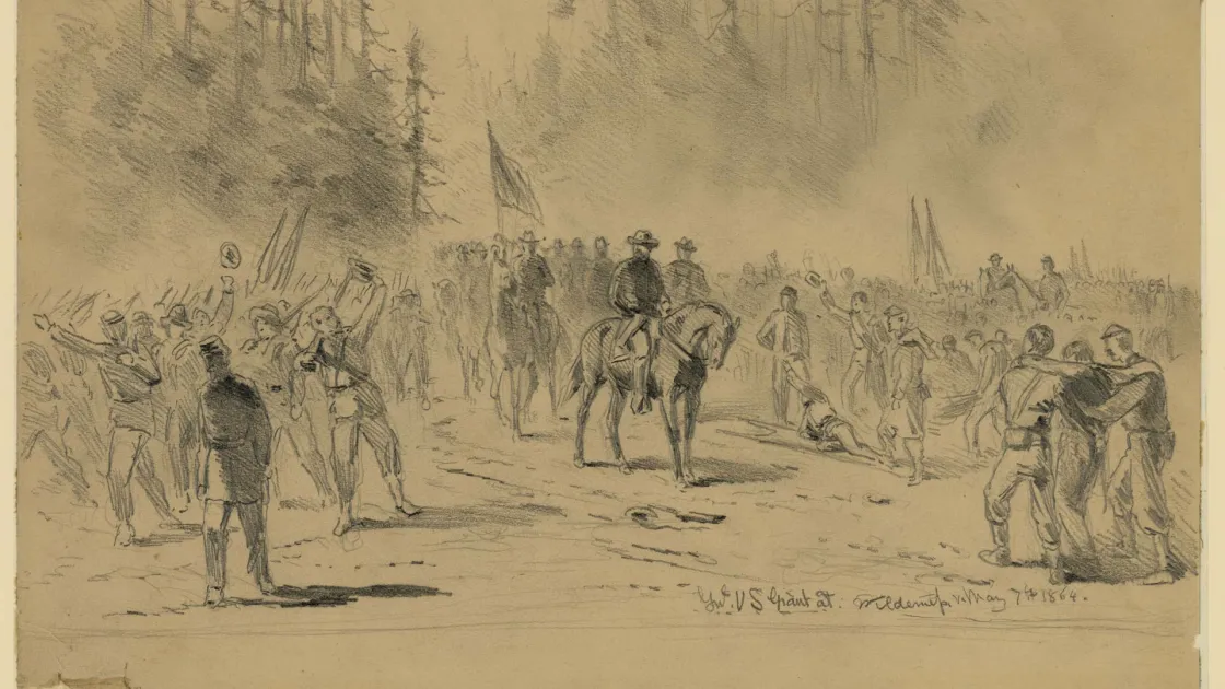 Civil War field sketch depicting General Ulysses S. Grant and Union troops during the Wilderness Campaign in Virginia.