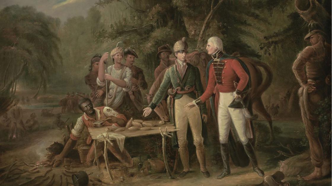 Early 19th century painting of group of men in a swampy woods with makeshift table.