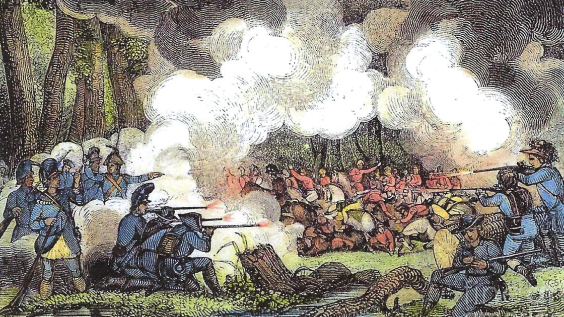 A colorized engraving showing a battle in the woods.