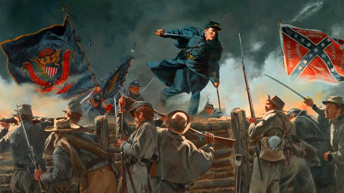 An oil painting of Captain Charles G. Gould of the 5th Vermont Veteran Volunteers leaping into the earthworks defended by the 37th North Carolina