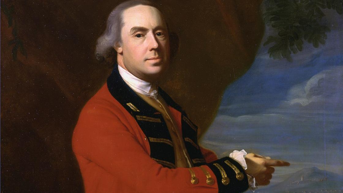 Portrait painting of Thomas Gage pointing to the right