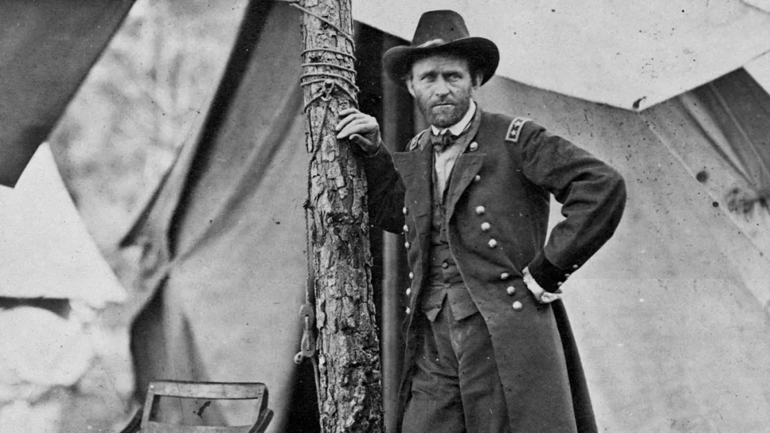 Photograph of General Ulysses S. Grant standing outside his headquarters at Cold Harbor, Virginia, during the Civil War.