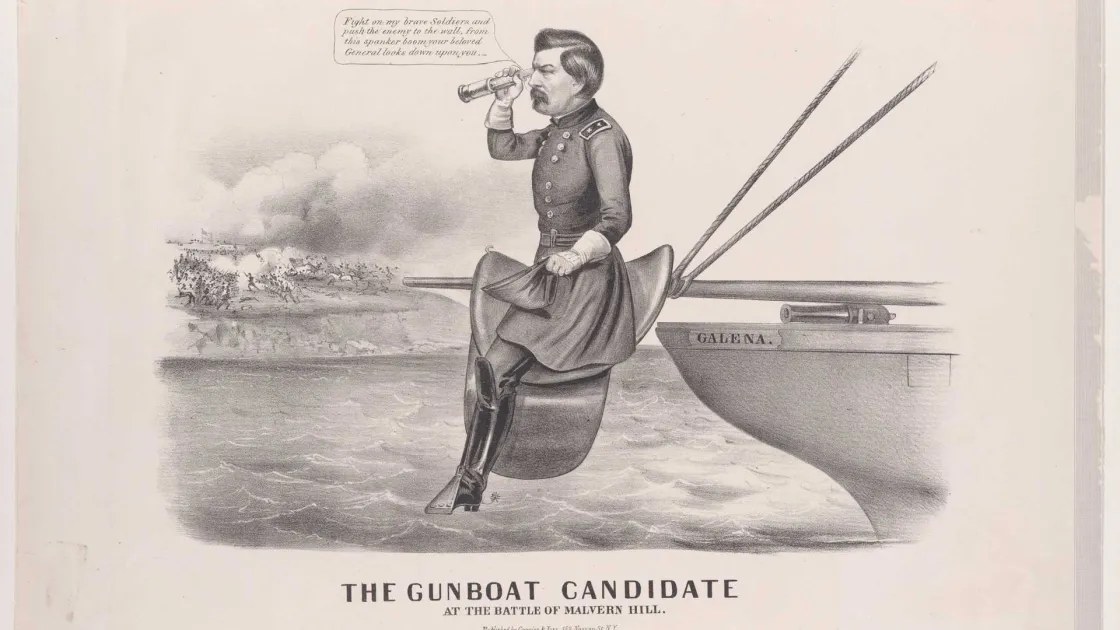 Political cartoon depicting Gen. George B. McClellan perched on the boom of the USS Galena and looking through a telescope toward the distant Battle of Malvern Hill.