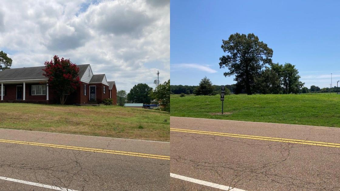 Two photos showing Parker's Cross Roads pre- and post-restoration.