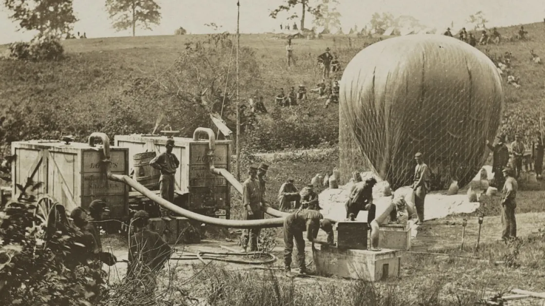 Civil War photograph showing Union soldiers inflating the military observation balloon Intrepid near Gaines Mill, Virginia, in June 1862.
