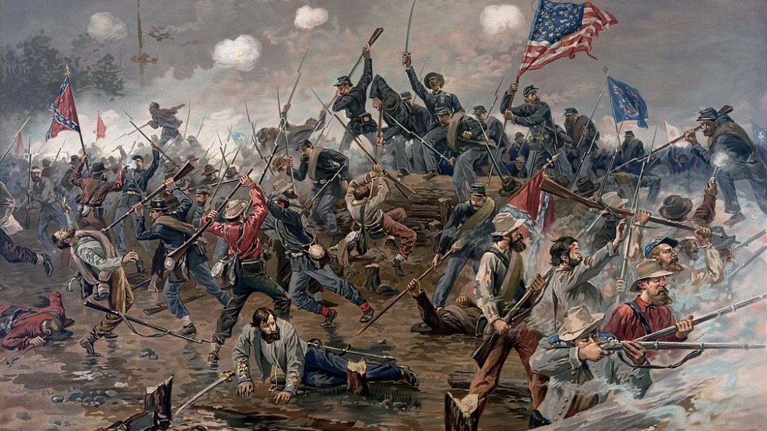 This painting depicts the violent Union assault at the Muleshoe salient. 