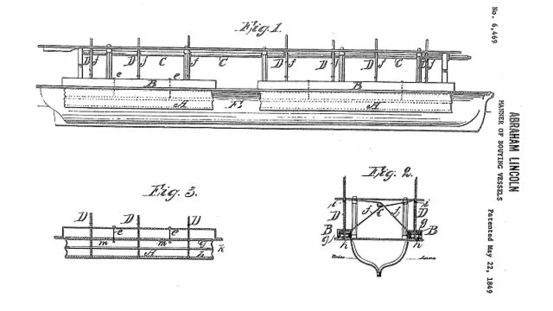 This image depicts Lincoln's patent sketches of buoying vessels. 
