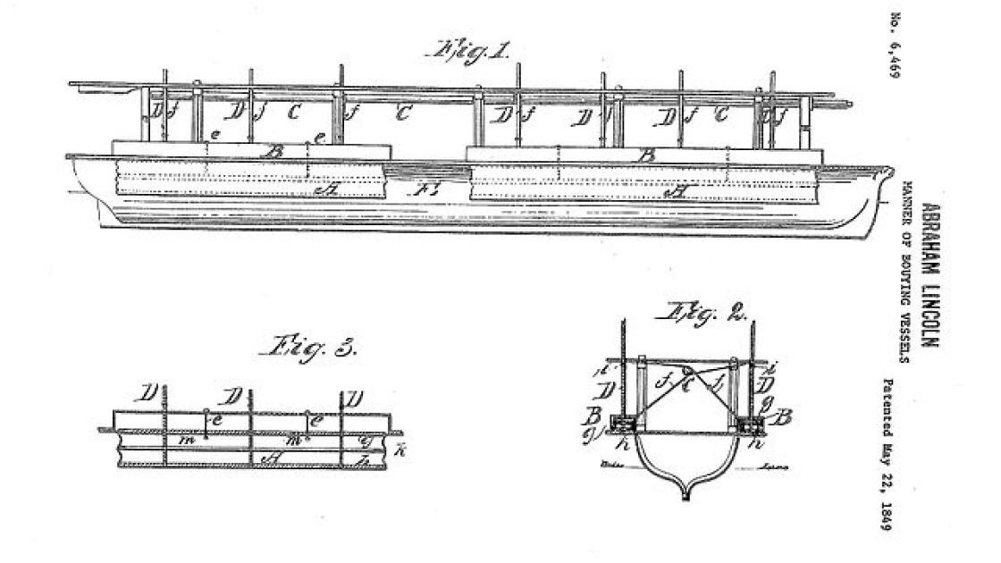 This image depicts Lincoln's patent sketches of buoying vessels. 