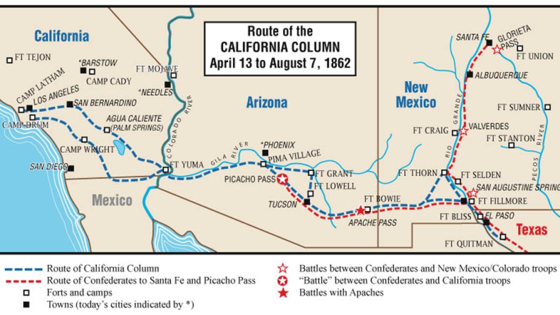 This map demonstrates the route taken by the California Column through the Arizona territory to get into Texas. 