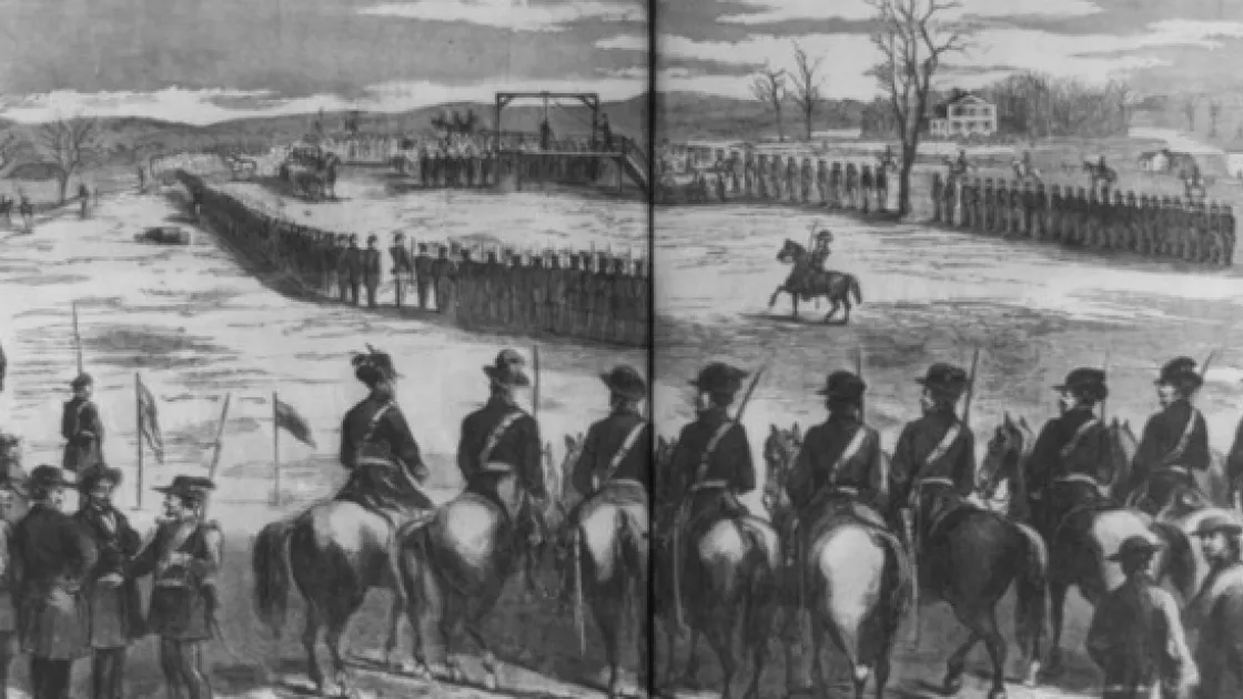 Wood engraving depicting the execution of abolitionist John Brown near Charlestown, Virginia, with mounted men gathered in the foreground.