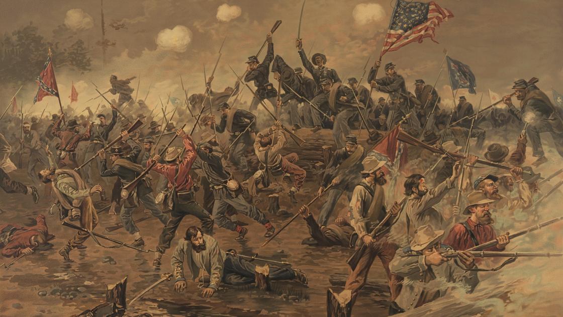 This painting depicts the bayonet charge at Spotsylvania.