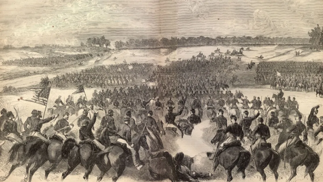 Illustration of Union cavalry attack at St. James Church on the Brandy Station Battlefield