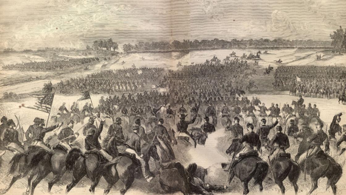 Illustration of Union cavalry attack at St. James Church on the Brandy Station Battlefield