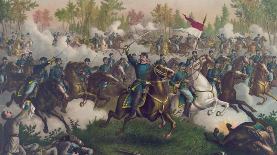 This painting shows the California Battalion playing a pivotal role in the Union Counter Charge at Cedar Creek. 