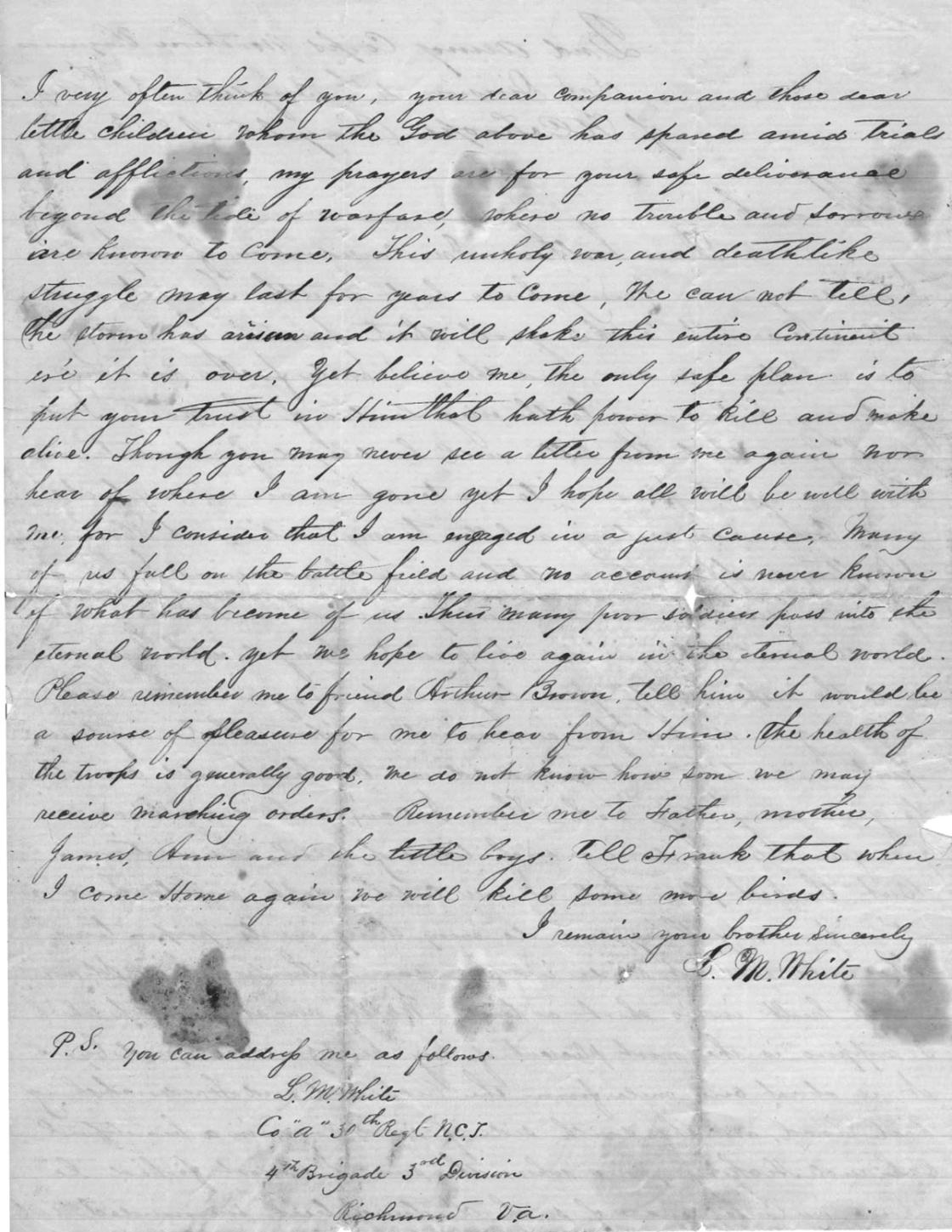 Wartime letter from Lalister M. White