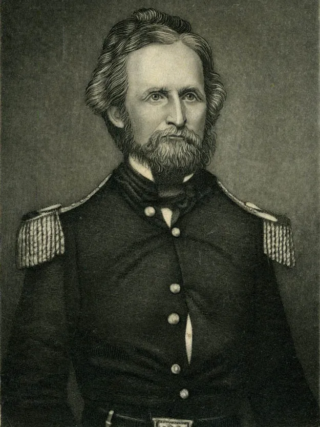 Engraved portrait of Union Brigadier General Nathaniel Lyon in military uniform.
