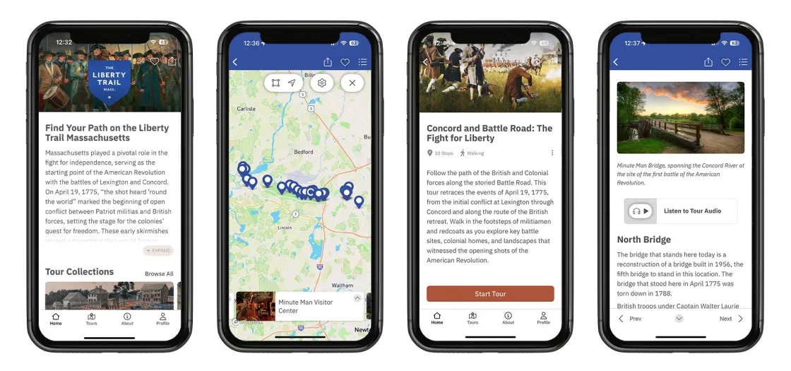 Four screenshots of The Liberty Trail Massachusetts app 