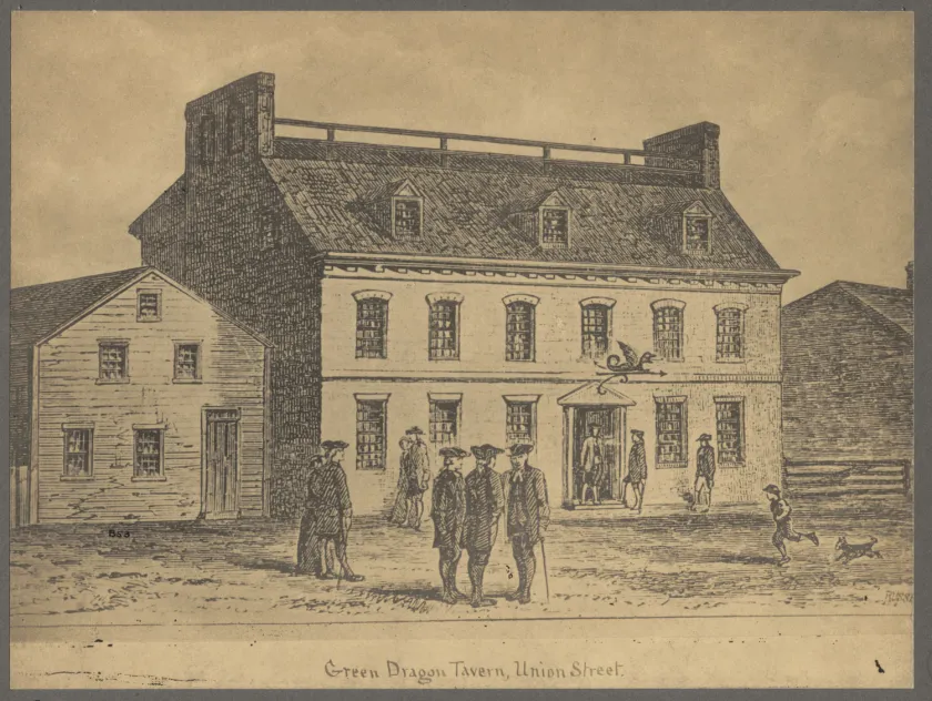 Historic engraving depicting the Green Dragon Tavern on Union Street in Boston, a gathering place for the Sons of Liberty before the American Revolution.