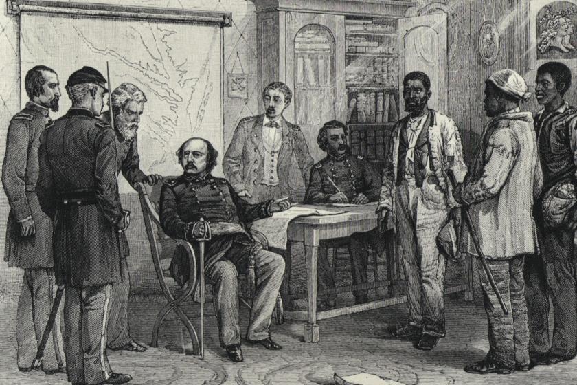 Maj. Gen. Benjamin Butler meets with escaped slaves at Fort Monroe