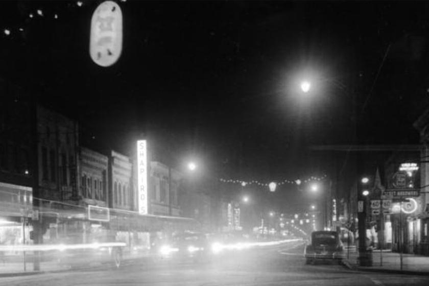 Streetscape, 25th St. and Jefferson Ave., ca. 1940s. James A. Fields first established his law office at this intersection in the heart of the Newport News African American community, before moving to the Fields House at 27th St. and Jefferson Ave. in 1897.