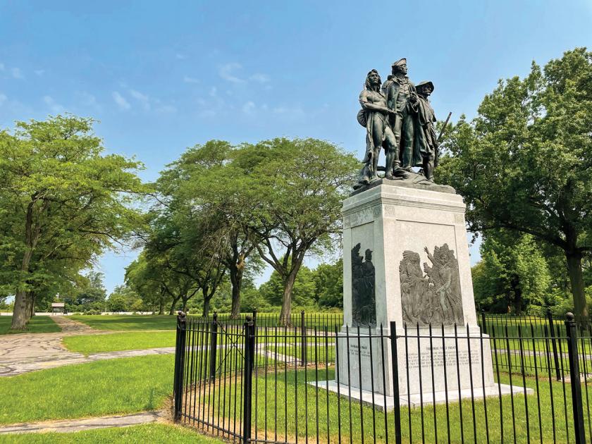 Statue of General Wayne, a Native American and a settler at the Fallen Timbers Battlefield and Fort Miamis National Historic Site, Maumee, Ohio