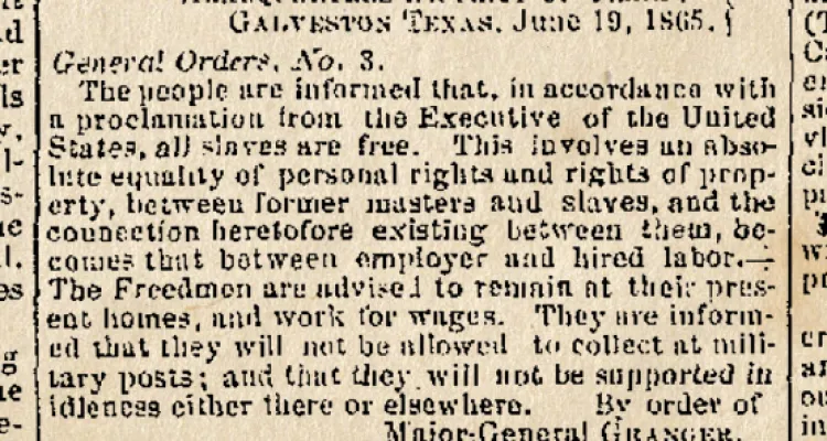This is a photo of "General Orders, No. 3" appearing in a Galveston, Texas newspaper.