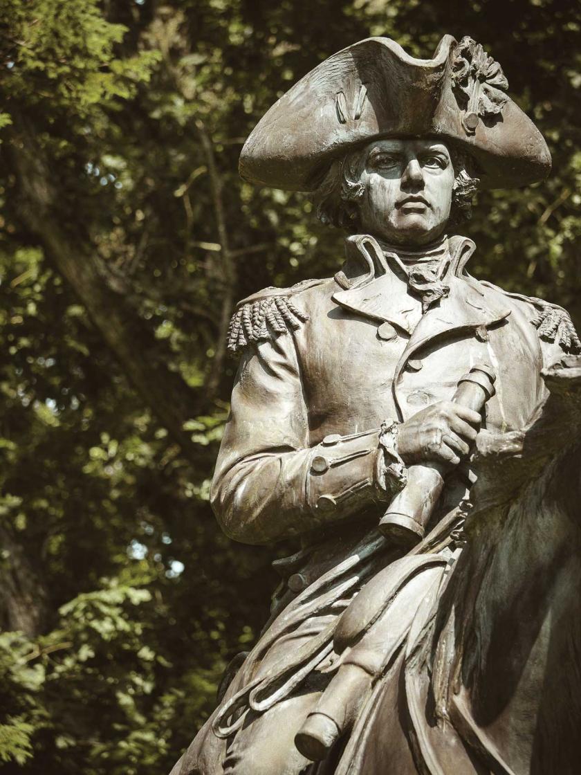 A close-up view of the Nathanael Greene Monument