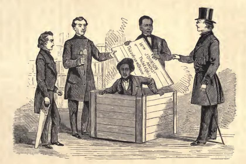 Illustration of Henry Box Brown's "resurrection" in Philadelphia. From William Still's 1872 book The Underground Railroad.