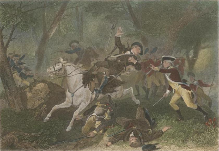 Engraving depicting the death of British Major Patrick Ferguson at the Battle of Kings Mountain during the American Revolutionary War, October 7, 1780.