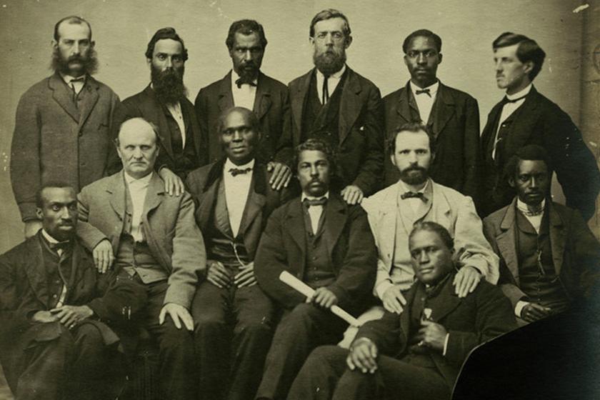 Part of the petit jury empanelled to try Jefferson Davis for treason, ca. May 1867. Landon Boyd standing in rear of image, 5th from right.