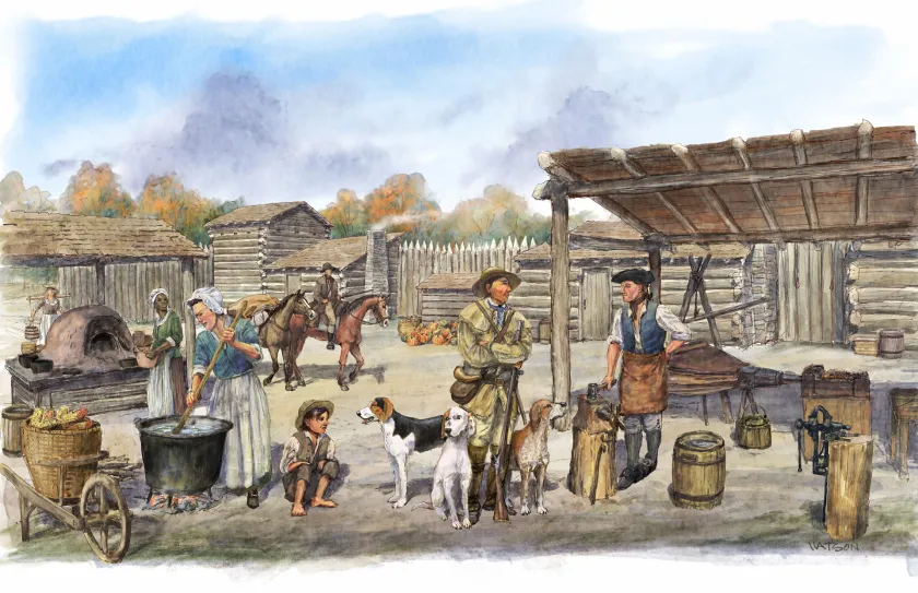 A depiction of daily life at Logan’s Fort in Kentucky during the late 18th century. Established in 1775 by Col. Benjamin Logan and pioneer settlers, the fortified settlement provided shelter and protection for families on the Revolutionary War frontier.